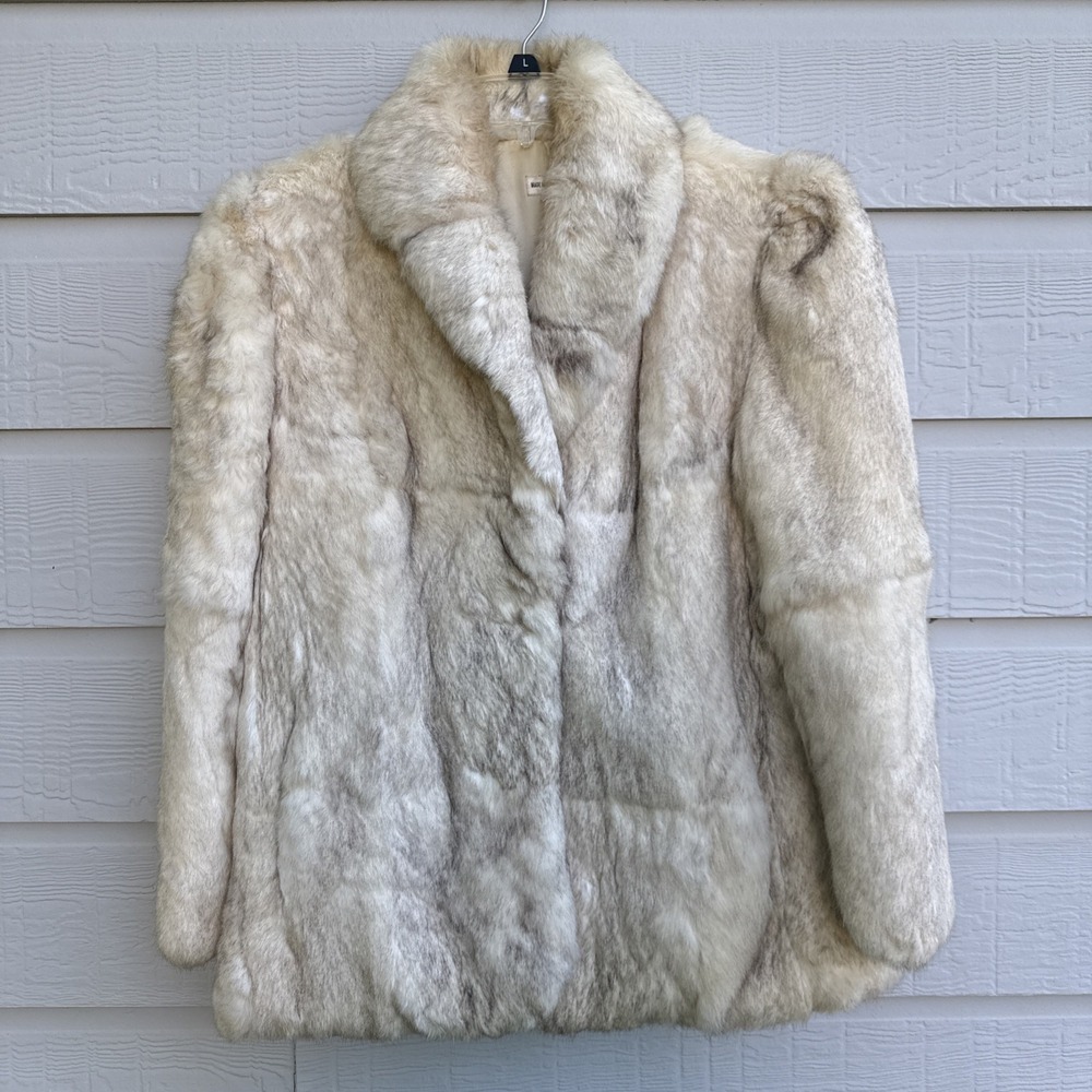 Vintage Genuine Rabbit Fur Bomber Jacket Womens M Ivory White Full Zip Coat